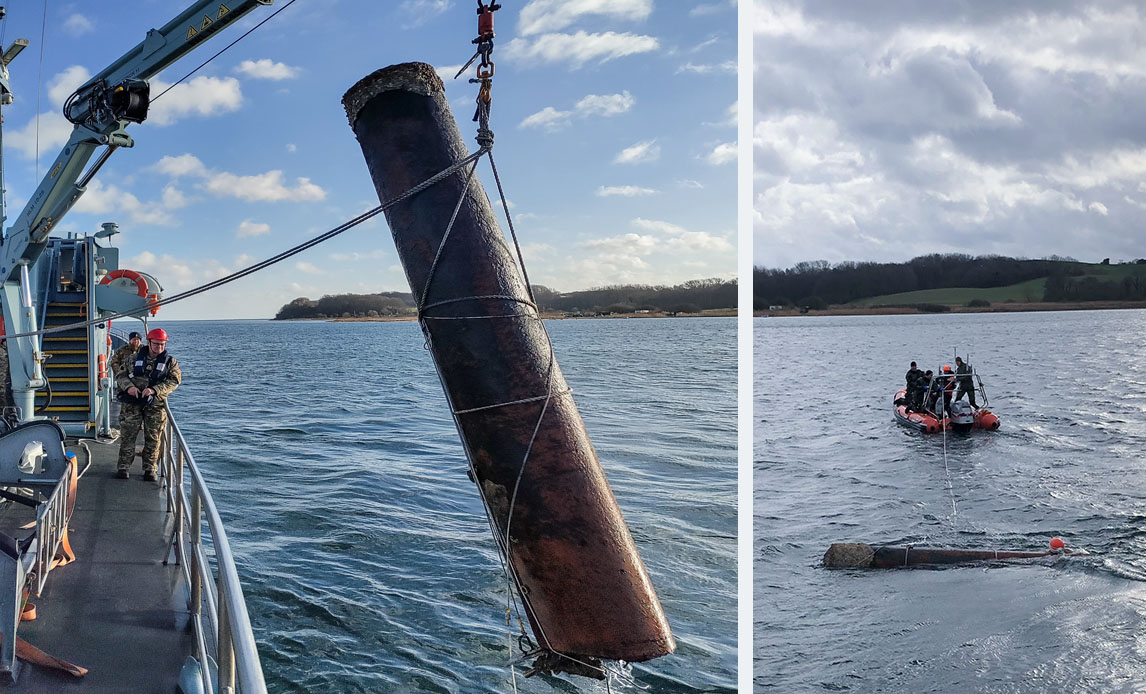 Fotos af Hjemmeværnet, der i samarbejde med Søværnets Dykkertjeneste får bragt en torpedo fra 2.verdenskrig til sprængning